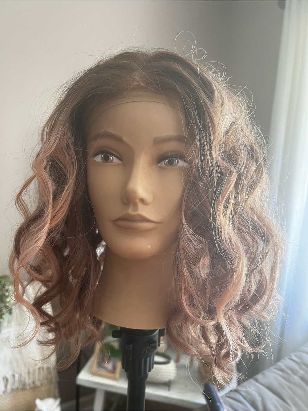 Wavy Lace Front Bob Wig in Brown with Pink Highlights